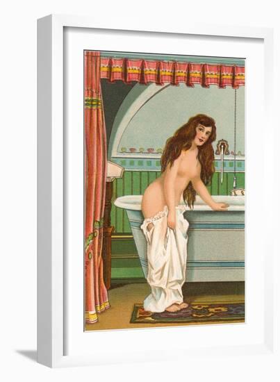 Woman Getting into Bathtub-null-Framed Art Print