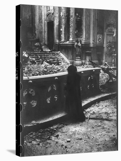 Woman Grieving over Wreckage of Catholic Church Burned During Uprising Against Peron-null-Stretched Canvas