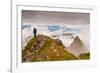 Woman high atop cloudy Harbor Mountain, Sitka, Alaska-Mark A Johnson-Framed Photographic Print