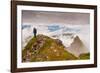 Woman high atop cloudy Harbor Mountain, Sitka, Alaska-Mark A Johnson-Framed Photographic Print