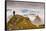 Woman high atop cloudy Harbor Mountain, Sitka, Alaska-Mark A Johnson-Framed Stretched Canvas