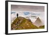 Woman high atop cloudy Harbor Mountain, Sitka, Alaska-Mark A Johnson-Framed Photographic Print