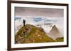 Woman high atop cloudy Harbor Mountain, Sitka, Alaska-Mark A Johnson-Framed Photographic Print