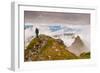 Woman high atop cloudy Harbor Mountain, Sitka, Alaska-Mark A Johnson-Framed Photographic Print