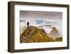 Woman high atop cloudy Harbor Mountain, Sitka, Alaska-Mark A Johnson-Framed Photographic Print