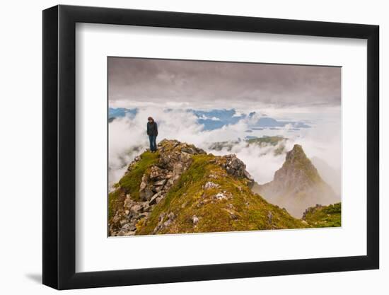 Woman high atop cloudy Harbor Mountain, Sitka, Alaska-Mark A Johnson-Framed Photographic Print