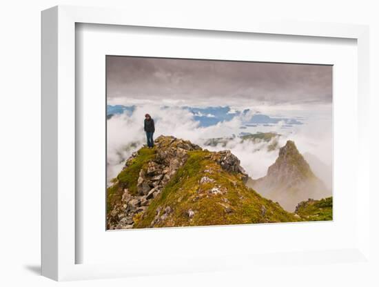 Woman high atop cloudy Harbor Mountain, Sitka, Alaska-Mark A Johnson-Framed Photographic Print