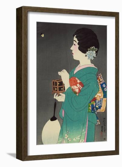 Woman Hold Box to Catch Fireflies-null-Framed Art Print