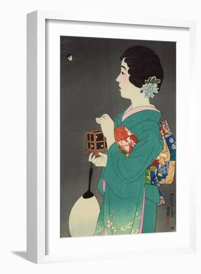 Woman Hold Box to Catch Fireflies-null-Framed Art Print