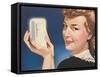 Woman Holding Miniature Fridge-null-Framed Stretched Canvas