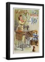 Woman Holding Parrot Next to Sewing Machine-null-Framed Premium Giclee Print