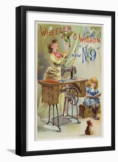 Woman Holding Parrot Next to Sewing Machine-null-Framed Premium Giclee Print