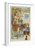 Woman Holding Parrot Next to Sewing Machine-null-Framed Premium Giclee Print