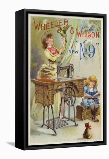 Woman Holding Parrot Next to Sewing Machine-null-Framed Stretched Canvas