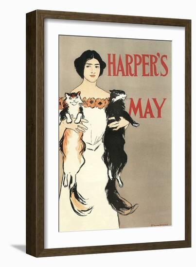 Woman Holding Two Cats-null-Framed Premium Giclee Print