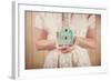 Woman Holding Vintage Mint Green Camera. Instagram Effect.-soupstock-Framed Photographic Print