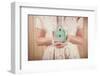 Woman Holding Vintage Mint Green Camera. Instagram Effect.-soupstock-Framed Photographic Print