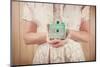 Woman Holding Vintage Mint Green Camera. Instagram Effect.-soupstock-Mounted Photographic Print