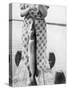 Woman Holds on Large Northern Pike on a Lake Pier, Ca. 1950-null-Stretched Canvas