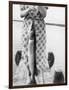 Woman Holds on Large Northern Pike on a Lake Pier, Ca. 1950-null-Framed Photographic Print