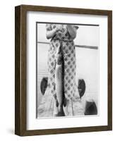 Woman Holds on Large Northern Pike on a Lake Pier, Ca. 1950-null-Framed Photographic Print