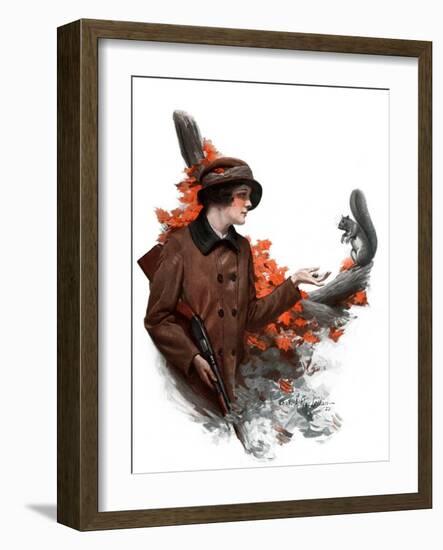 "Woman Hunter Feeding Squirrel,"November 3, 1923-Charles A. MacLellan-Framed Giclee Print