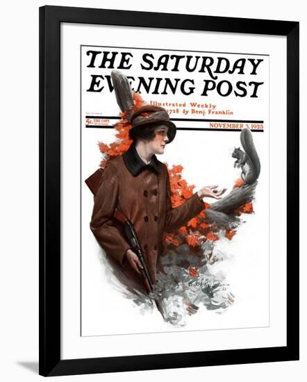 "Woman Hunter Feeding Squirrel," Saturday Evening Post Cover, November 3, 1923-Charles A. MacLellan-Framed Giclee Print