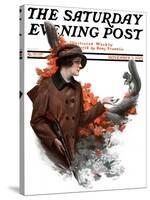 "Woman Hunter Feeding Squirrel," Saturday Evening Post Cover, November 3, 1923-Charles A. MacLellan-Stretched Canvas