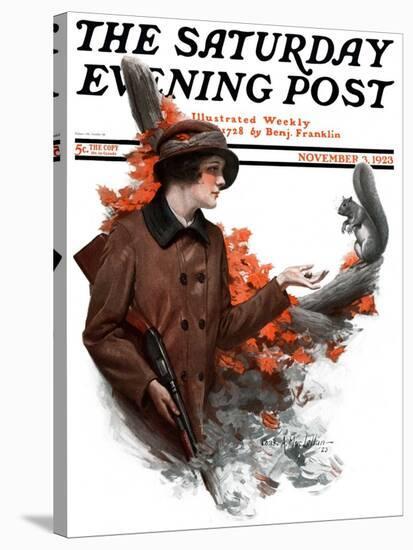 "Woman Hunter Feeding Squirrel," Saturday Evening Post Cover, November 3, 1923-Charles A. MacLellan-Stretched Canvas