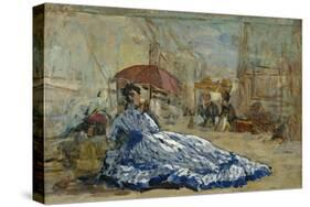 Woman in a Blue Dress under a Parasol, C.1865-Eugène Boudin-Stretched Canvas