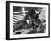 Woman in a Fur Coat Sitting on a Bench Petting Her Dog-null-Framed Photo