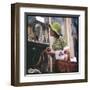 Woman in a Green Floppy Hat and Green Dress Browses in a Shop Selling Various Mirrors and Ornaments-null-Framed Art Print