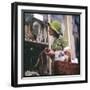 Woman in a Green Floppy Hat and Green Dress Browses in a Shop Selling Various Mirrors and Ornaments-null-Framed Art Print