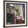 Woman in a Green Floppy Hat and Green Dress Browses in a Shop Selling Various Mirrors and Ornaments-null-Framed Art Print