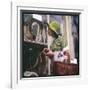 Woman in a Green Floppy Hat and Green Dress Browses in a Shop Selling Various Mirrors and Ornaments-null-Framed Art Print