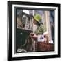 Woman in a Green Floppy Hat and Green Dress Browses in a Shop Selling Various Mirrors and Ornaments-null-Framed Art Print