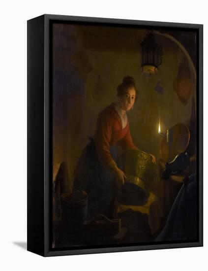 Woman in a Kitchen by Candlelight-Michiel Versteegh-Framed Stretched Canvas