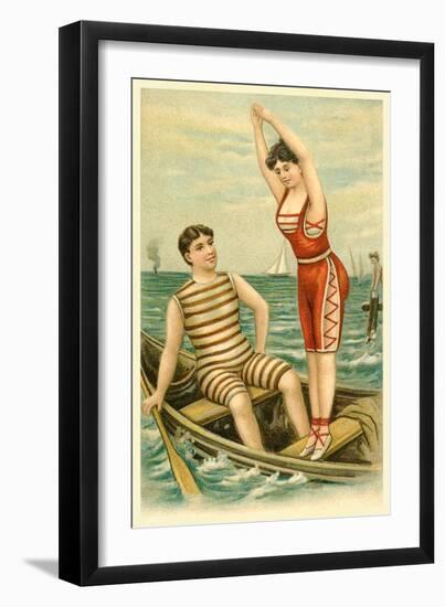 Woman in Bathing Costume Diving from Boat-null-Framed Art Print