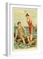 Woman in Bathing Costume Diving from Boat-null-Framed Art Print