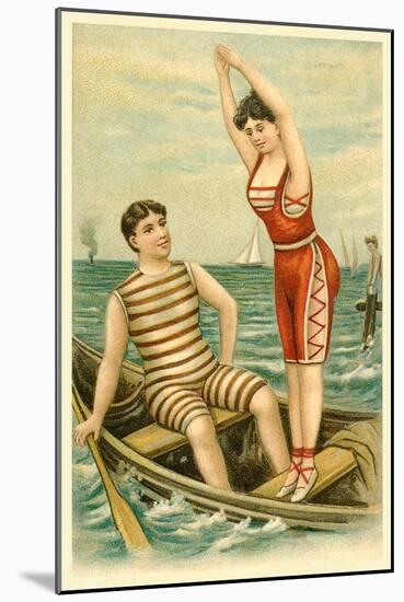 Woman in Bathing Costume Diving from Boat-null-Mounted Art Print