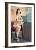 Woman in Bathing Suit with File Cabinet, Retro-null-Framed Art Print