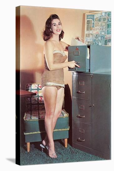 Woman in Bathing Suit with File Cabinet, Retro-null-Stretched Canvas