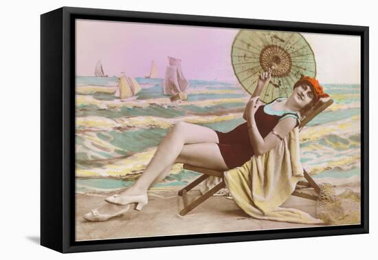 Woman in Beach Chair with Parasol-null-Framed Stretched Canvas