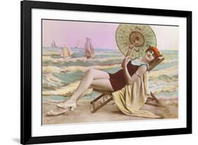 Woman in Beach Chair with Parasol-null-Framed Premium Giclee Print