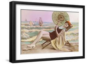 Woman in Beach Chair with Parasol-null-Framed Art Print