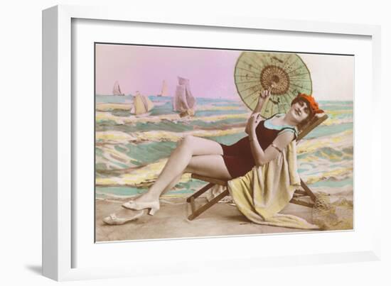 Woman in Beach Chair with Parasol-null-Framed Art Print