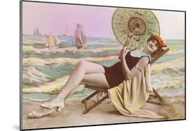Woman in Beach Chair with Parasol-null-Mounted Art Print