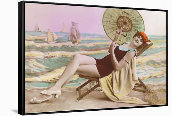Woman in Beach Chair with Parasol-null-Framed Stretched Canvas