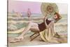 Woman in Beach Chair with Parasol-null-Stretched Canvas