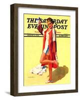 "Woman in Beach Outfit," Saturday Evening Post Cover, August 11, 1934-Charles A. MacLellan-Framed Premium Giclee Print